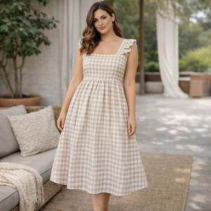 Orange Creek Los Angeles Tan & White Gingham Ruffle Strap Sundress Size M